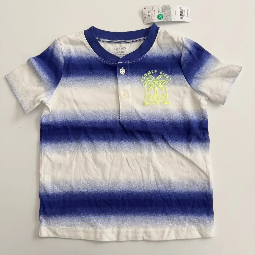 Carter’s stripe henley tee t-shirt short sleeve blue white summer vibes